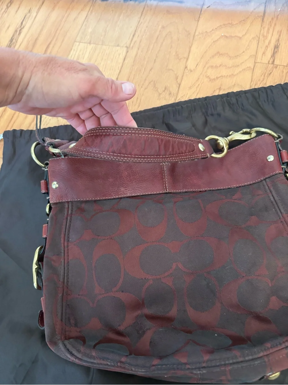COACH Zoe Signature Burgundy Signature Canvas Shoulder Bag with Leather Trim